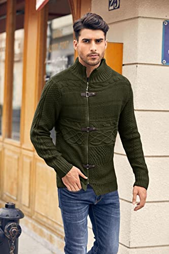 Karlywindow Men's Cable Knitted Oplique Zip Button Front Long Sleeve Cardigan Sweater (Medium, Army Green) #TOP3