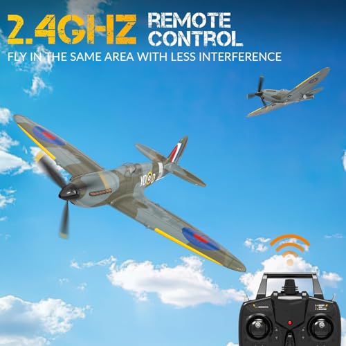 Fremego RC Plane Rtf 4-Ch RC Airplane Remote Control Airplanes Ready To Fly Upgrade Spitefire Fighter For Beginners Adult With Xpilot Stabilization System & One Key Aerobatic, Grey