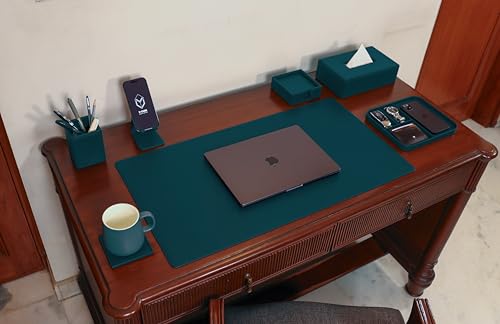 Image of V-CUBE Designs Premium Vegan Leather Executive Set of 6| Multipurpose Personal Desk Organizer| Desk Mat | Valet Tray| Tissue Holder | Pen Holder| Coaster | Mobile Stand for Office Table & Home - Teal
