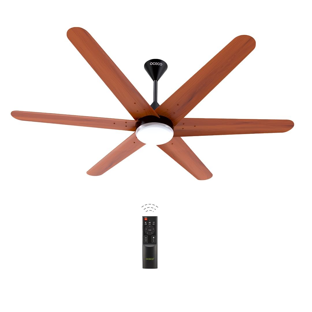 OCECO Helico 1200mm BLDC Ceiling Fan with Remote & LED Light Silent Smart Designer Wooden Finish Fan Golden Oak Wood Luxury Decorative Ceiling Fan for Home 3-Year Warranty (Pack of 1)