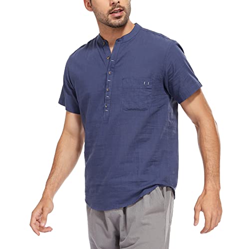 WAZZAP Camisas para Hombre Manga Corta de Algodón y Lino Verano Henley Camisas Casual Hippie Playa Camisa