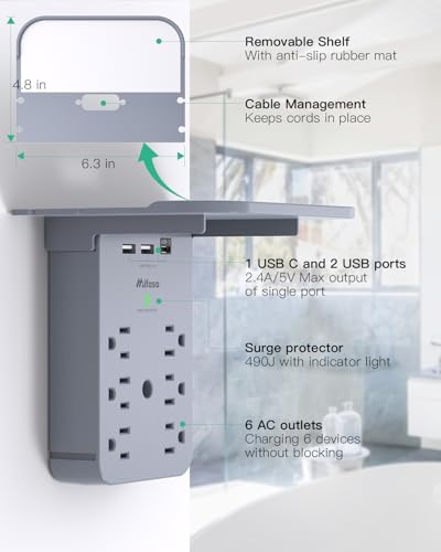 Image of Wall Outlet Extender with Shelf, Surge Protector 6 AC Multi Plug Outlet | 3 USB Charger Station Splitter Expander for Bathroom Home, Gray