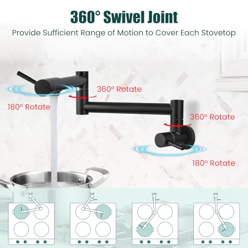 Image of Heyalan Pot Filler 19 Inch Wall Mount Folding Stretchable Kitchen Restaurant Faucet Stainless Steel Pot Filler Double Joint Swing Arm Two Handles Commercial NPT,Straight Handle,Matte Black