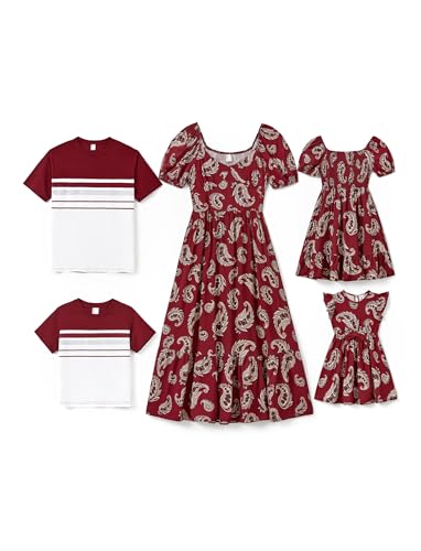 PATPAT Family Matching Outfits for Boys: Dad and Son Matching Striped Shirts Coordinated Family Outfits Matching Short Sleeve T-Shirt for Sibling- Burgundy Boy 8-9 Years