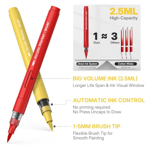 Image of WUO 84 Colors Acrylic Paint Markers Brush Tip with Automatic Ink Control | Water-based, no-bleed, waterproof acrylic paint pens for rock, wood, canvas, glass, ceramic, fabric and DIY crafts