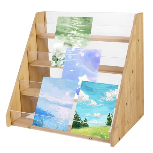 BTBHIHO Card Display Rack,4-Tier Magazine and Book Display Rack, High Transparency Panel Acrylic Racks,Step Display Racks for Magazines Format Books Desktop Cosmetic Storage