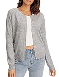 LANPULUX 100 Percent Wool Sweater for Women Cardigan Button Open Front Crewneck Top Gray