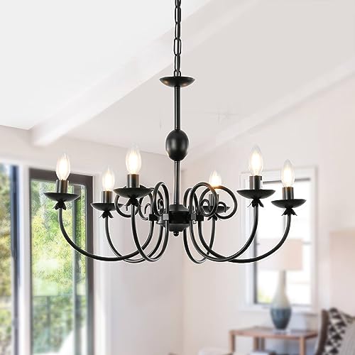 Black Chandeliers for Dining Room,6 Light Iron Farmhouse Candle Hanging Pendant Light Fixtures, Rustic Industrial Chandelier for Kitchen Island Over Table Bedroom Foyer Entrance 26.3inch