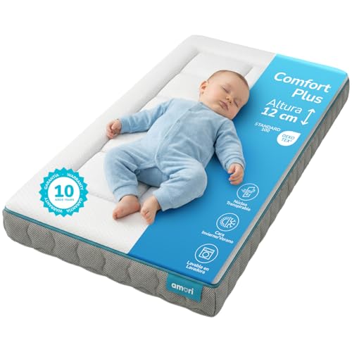 AMORI Colchón Cuna 120 x 60 cm | Viscoelastico 2 cm | 12cm Grosor Colchon Plagiocefalia y Antiasfixia Bebe Funda Lavable | Invierno - Verano | Certificado Oeko-Tex | Hipoalergenico Comfort Plus