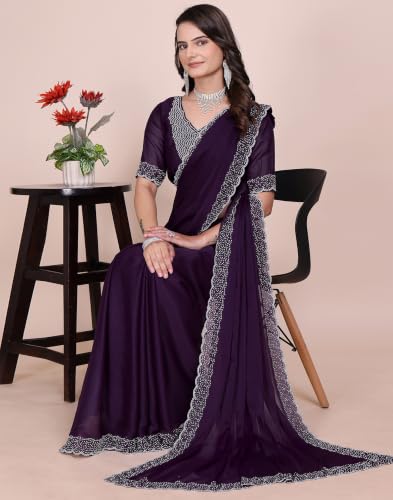 Image of SIRIL Women's Georgette Hot Fixing Stone Work Saree with Unstitched Blouse Piece