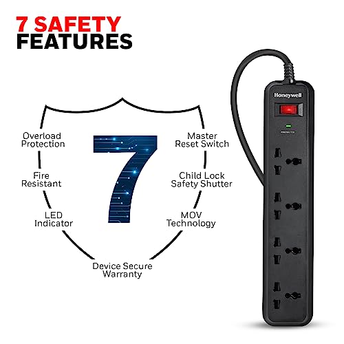 Honeywell Surge Protector, 4 Universal Sockets,15000Amp, 2 Meter Cord, Device Secure Warranty, Automatic Overload Protection, Spike Guard/Extension... - Image 3