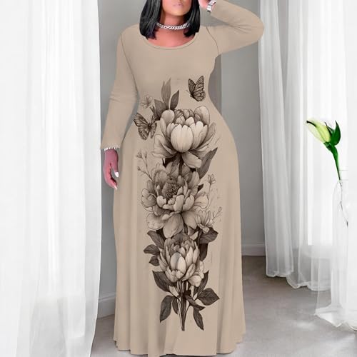 Image of PinkPatty Plus Size Maxi Dress for Curvy Women Crew Neck Long Sleeves Casual Dress Vacation Sundresses with Pockets