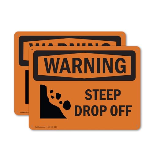(2 Pack) Steep Drop Off With Symbol OSHA Warning Sign 10 Inch X 7 Inch Plastic Sign, Weather Resistant, UV Protected for Workplace, Business, and Construction Site, Made in the USA