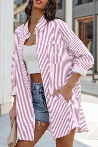 Image of FSHAOES Womens Oversized Button Down Shirts Casual Loose Long Sleeve Solid Lapel Long Blouses Tops with Pockets