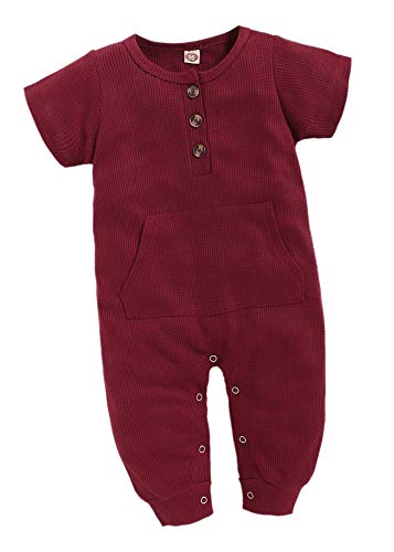 TREMU Baby Boys Girls Jumpsuit Unisex Toddler Short Sleeve with Pocket Bodysuit Spring Summer Outfit Wine red Colour (6-9 Months)