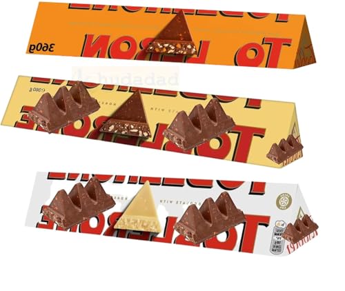 Image of Bundle of Mixed 3x Tobelron 360g Bars – Crunchy Almonds Chocolate Bar with White Chocolate & Milk Chocolate – Includes Almond, White & Classic Milk Flavours