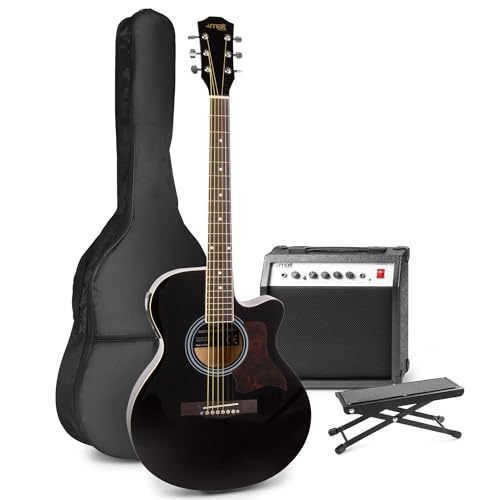 MAX Guitarra Electroacústica Negra con Amplificador 40W – Set Completo con Reposapiés, Funda, Afinador, Púas, Correa, Cable y Cuerdas – Para Principiantes y Avanzados desde 8 Años