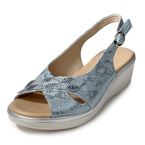 JOMIX Sandalen Sommer Damen Bequem Peep Toe Keilsandalen 5 cm Keilabsatz mit Strass Verstellbarer Schnalle Rutschfest Elegante Sandaletten für Seniorinnen Blau 38