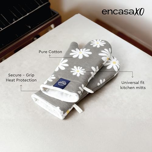 Image of Encasa XO Extra Long 18x35 cm Microwave Oven Gloves Mitts (2 pcs) for Kitchen Cooking - Daisy Grey - Heat Resistant, Thick & Safe, Protection of Hands from Hot Utensils, Gas Flame, Grill, Barbecue