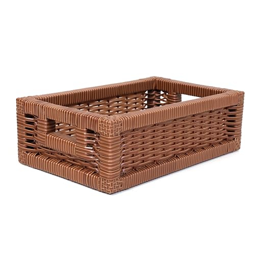 Image of Dark Brown PVC & Wood Storage Basket | Handwoven Rectangular Organizer with Handles | Durable Basket for Home, Kitchen & BathroomCloth, Storage Basket (13 X 20 X 6)