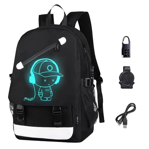 FLYMEI Anime Luminous Backpack for Boys, 15.6'' Laptop Backpack with USB Charging Port, Bookbag for School with Anti-Theft Lock, Black Travel Backpack Cool Back Pack for Work