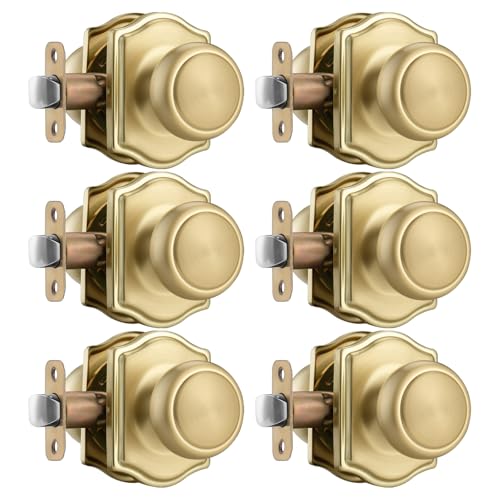 NCSEN 6 Pack Gold Door Knobs with Camelot Trim Interior Door Knob with Lock Coastal Door knob for Hall & Closet Satin Brass