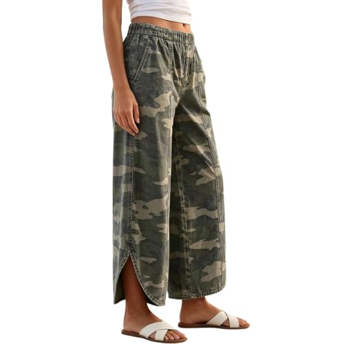 Women's Olive Camo Wide Leg Jeans, Elastic Waist Tulip Hem - image 7