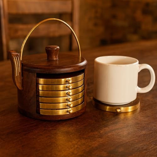 Image of Oaklyn Handcrafted Rosewood Kettle Design Coaster Set (Set of 6) with Stand | Stylish Tea & Coffee Coasters for Dining & Living Room Table