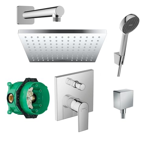Hansgrohe Duschsystem mit Unterputz Duscharmatur von Hansgrohe Regendusche mit Armatur, Duschkopf eckig, Wandarm Dusch-SET HGK01 poliert