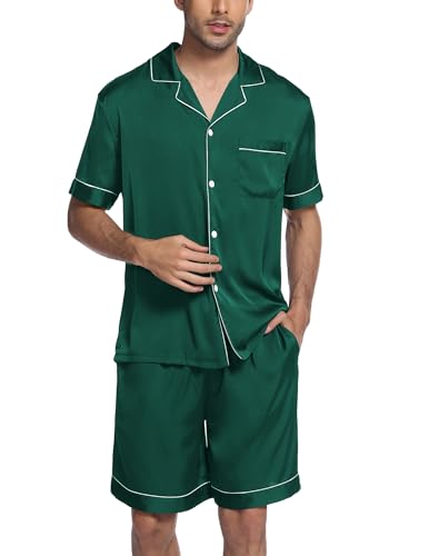 Image of Ekouaer Mens Satin Pajamas Set Button-Down Short /Long Sleeve Shirt Top Soft Silk Sleepwear Loose Pocket Pant Loungewear