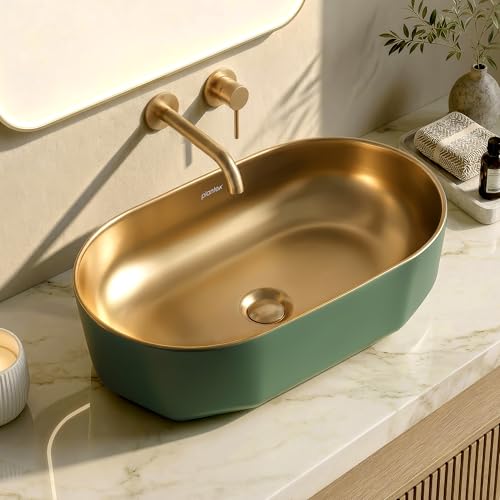 Image of Plantex Designer Wash Basin for Bathroom /Ceramic Table Top Washbasin /Countertop Vessel Sink Basin - (Green Gold, 22 x 13 x 6 Inch)