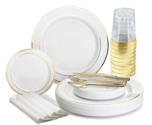 " OCCASIONS " 280pcs set (40 Guests)-Heavyweight Wedding Party Disposable Plastic Plate Set-40 x 10.5'' + 40 x 6.25'' + Gold Silverware + Cups + Napkins (White & Gold Rim)