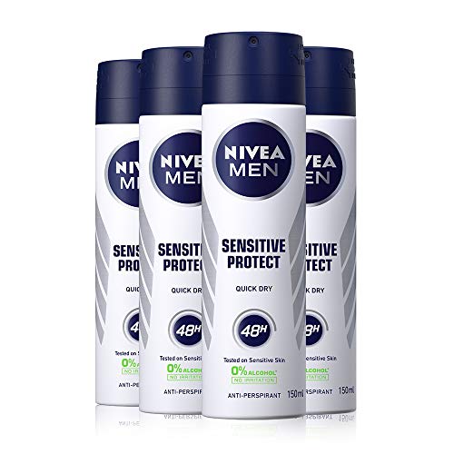 NIVEA MEN Anti-Perspirant Spray Sensitive Protect Pack of 4 (4 x 150ml) - 48 Hour Mens Deodorant with 0% Alcohol
