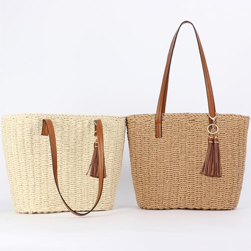 Bolso tote grande de paja para mujer miniatura 6