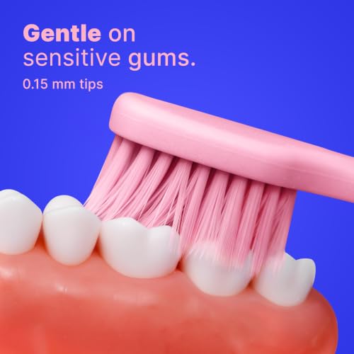 Image of Extra Soft Bristle Toothbrushes for Adults, 4-Pack, Pink | Gentle on sensitive gums, ultra-soft tapered bristles, reaches back molars, non-slip grip, individually wrapped, BPA-Free