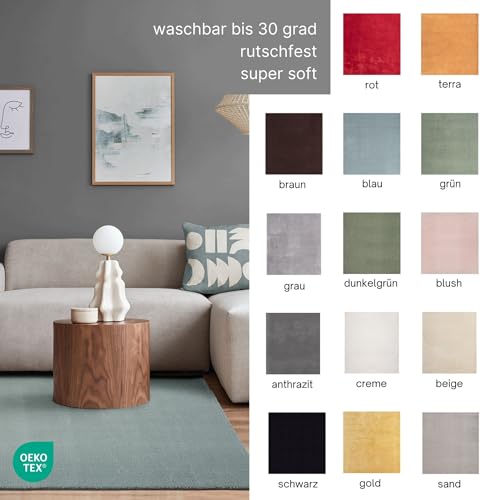 the carpet Relax kuscheliger Kurzflor Teppich, Anti-Rutsch Unterseite, Waschbar bis 30 Grad, Super Soft, Felloptik, Grün, 200 x 280 cm - 9