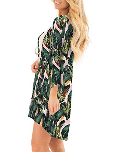 Women's Long Sleeves Open Front Leopard Print Kimono Cardigan Chiffon Casual Loose Cover Up Tops Dark Green Leaf Large