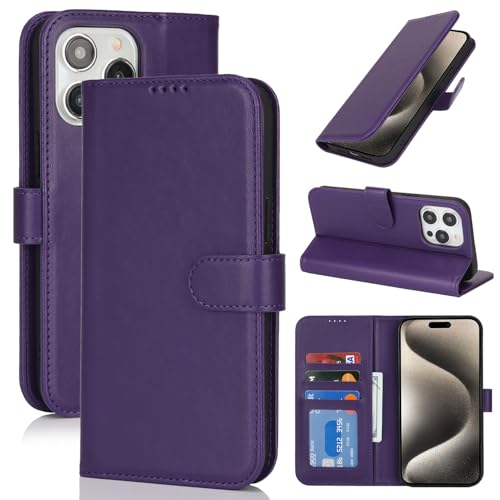 Image of for iPhone 15 Pro Max Case Wallet with Card Holder,for iPhone 15 Pro Max Wallet Case for Women Men,PU Leather Shockproof Magnetic Buckle Stand Flip Phone Case-Purple
