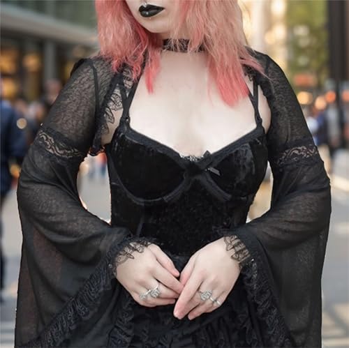 Image of Goth Bolero Shrug Women Lace Sheer Mesh Gothic Flare Sleeve Emo