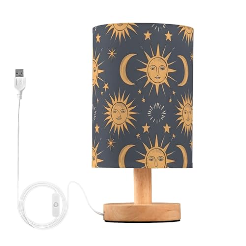 Bedside Lamp Sun Moon Stars Constellation Boho Lamp for Girls Boys Bedroom, Table Lamp with USB Port, Kids Nightstand Lamp Wood Base Room Desk Lamp (LED Bulb Included)