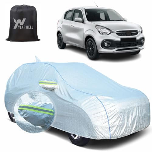 Image of Car Body Cover for Maruti Celerio, 100% Waterproof, Heat-Resistant with Mirror & Antenna Pockets, Soft Cotton Lining, Triple Stitched, Piping & Reflector (Reflective Silver)