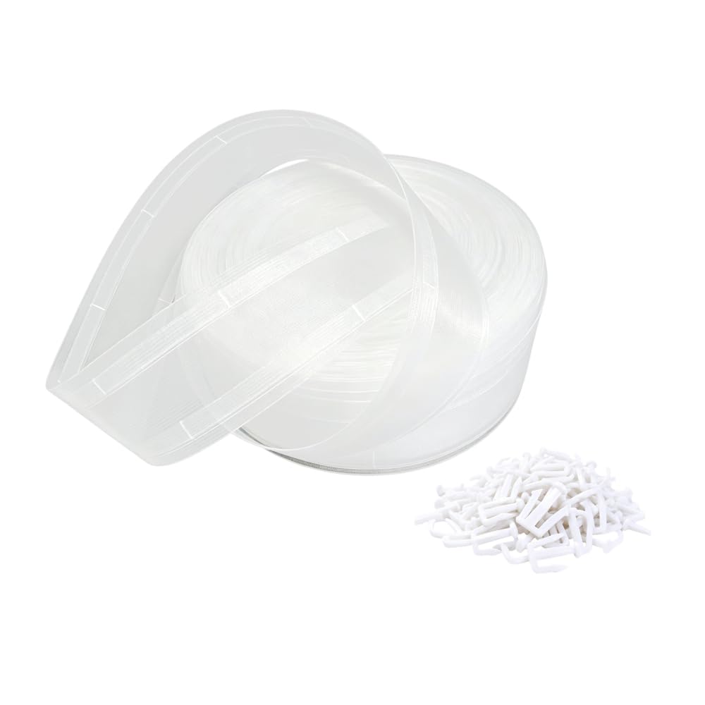 Curtain Tape & 100PCS Prong Hooks, 10.9Yards Adjustable Pleat Drapery Header Tape & Hooks for Window Door Shower Curtains