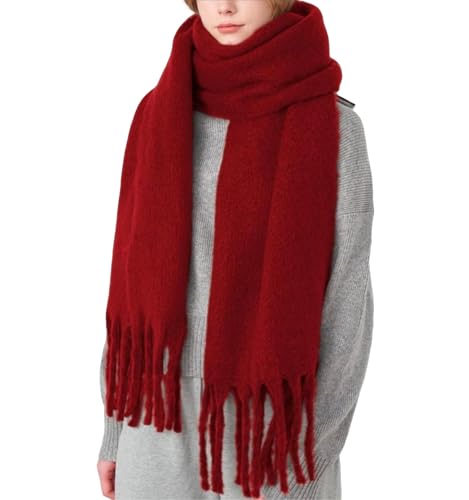 TYHOTULY Chunky Scarf for Women Winter Oversized Thick Warm Tassel Scarves Cold Weather Large Blanket Soft Warm Shawl Wraps (Dark Red)