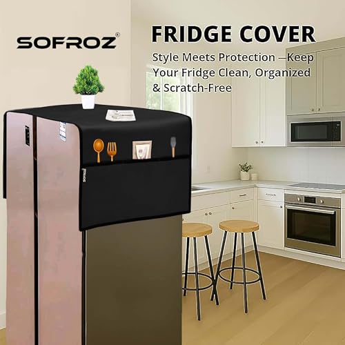 Image of Refrigerator Double Door Waterproof, Dustproof, Protective Cover for Fridges with Extra Storage Space Nylon Top Cover with 6 Storage Pockets (170 x 65 cm) (Black)