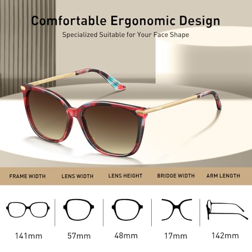 AVAWAY Womens Square Sunglasses Polarized UV Protection Red Cat Eye Metal Arm Acetate Frame Category 3 Sun Shades Sunnies4