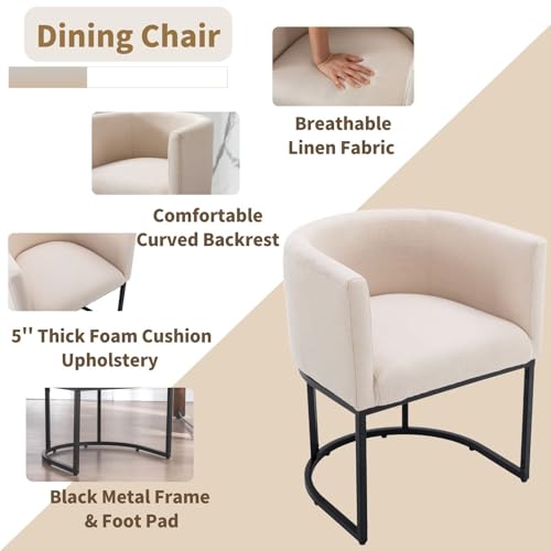 Image of HNY Mid Century Modern Upholstered Dining Chairs with Arms Set of 4, Contemporary Linen Kitchen & Dining Room Chairs, 18.5 inch Wide Accent Chair for Dining Room Living Room with Black Metal Frame, Cream