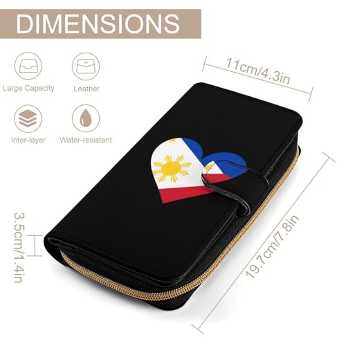 I Love Philippines Filipino Flag Heart Women's Long Wallets Leather Card Holder Purse Zippered Buckle Clutch Handbag2