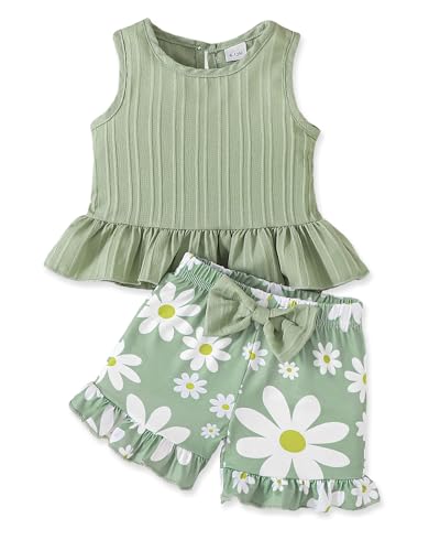 AuralBabe 2-3T Toddler Girl Clothing Sets 2Pcs Summer Princess Overall Little Girl Clothes Green Floral Ruffled Daisy Tank Top Bow Knot Shorts Sets Adorable Sleeveless 3T Baby Girl Spring Outfits