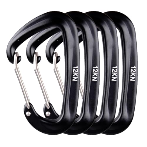 Caribeaner Clips, 12kN Heavy Duty Carabiner, Aluminum D Ring Keychain, Small Carabeaner Accessories for Camping Hiking Backpacking Dog Leash(Black-4pcs)