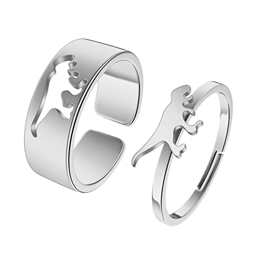 Chereda 2PCS Matching Cute Animals Promise Engagement Rings for Couples Men Women Jewelry Band Sets 316L Stainless Steel Adjustable Open Ring (Dinosaur-s, Adjustable)